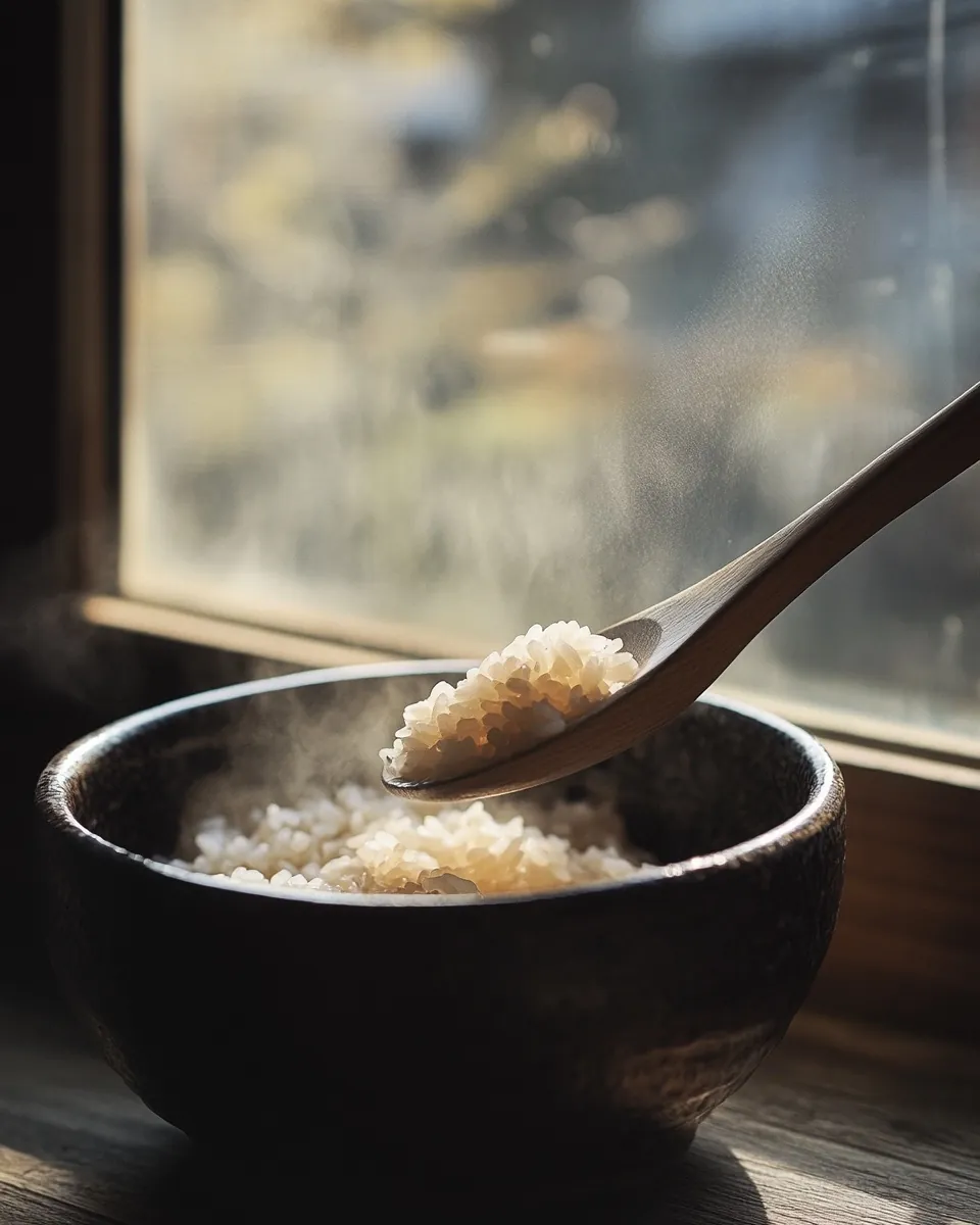 Steaming Niigata Shinnosuke rice lifted from the bowl by the window